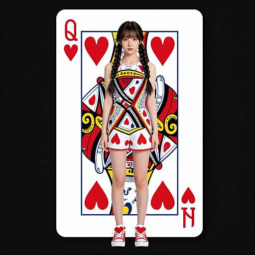Digital illustration of a young Asian woman with long black hair, wearing a red and white heart-patterned dress and matching shoes, standing in front of a