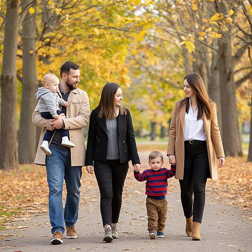 Photograph of a bearded man in a beige coat holding a baby, woman in black coat, and two children walking on an autumn path with yellow