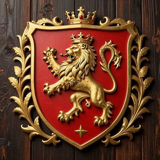 Golden lion emblem with crown, on red shield, surrounded by ornate leafy vines, mounted on dark wooden wall. Photograph.