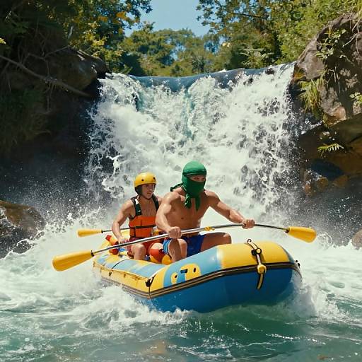 Photograph of two men in an inflatable yellow and blue raft, wearing orange lifejackets and helmets, navigating a turbulent waterfall. Green headgear on