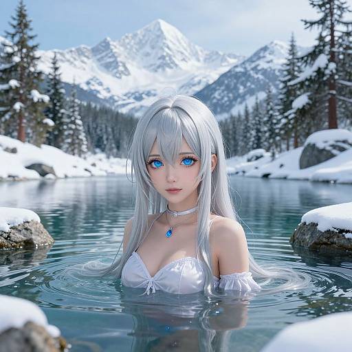 Digital anime-style artwork of a silver-haired, blue-eyed girl with a white off-shoulder top, wading in a snowy mountain lake.