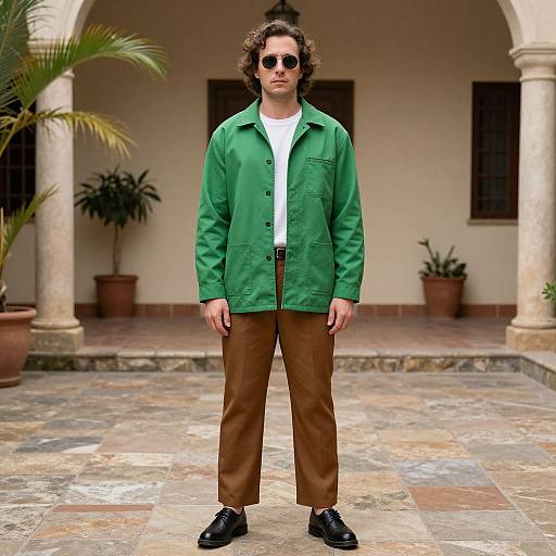 Photograph of a man with curly brown hair, wearing sunglasses, a green jacket, white shirt, brown pants, and black shoes, standing on a