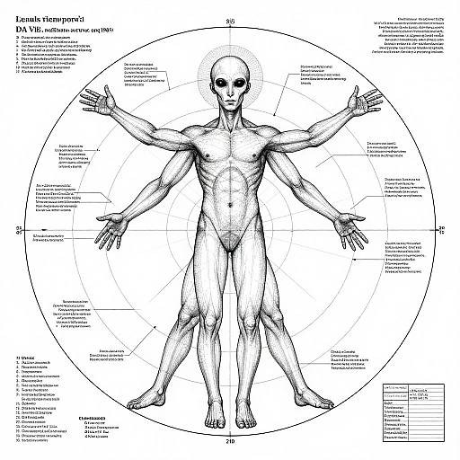 Detailed black-and-white anatomical drawing of a six-armed human figure, labeled with muscle names, within a circular coordinate grid.