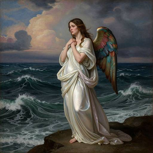 Digital painting of a serene angelic woman with colorful wings, wearing a flowing white robe, standing on a rocky shore with tumultuous waves and dramatic clouds
