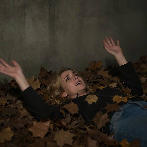 Panicked Woman Lying in Leaves at Night