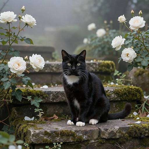 Black Cat with White Paws on Mossy Stone Steps