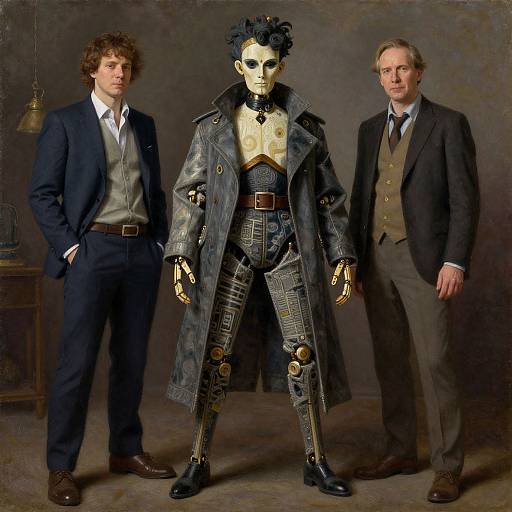 Photograph of two men in formal attire standing beside a steampunk humanoid figure with pale face, black hair, and intricate gray clothing. Dark background
