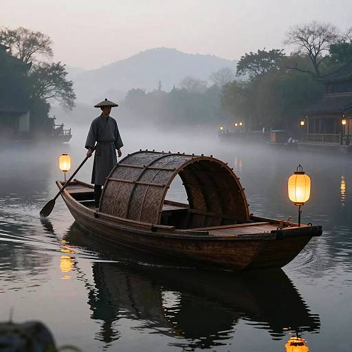 Ethereal Ferryman Crossing Misty River