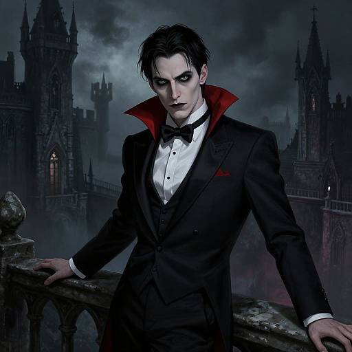 Digital art of a pale, dark-haired vampire in a black tuxedo with red collar, leaning on a gothic castle railing.
