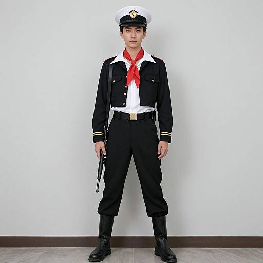 Photograph of a young boy in a black naval uniform with white shirt, red neckerchief, white cap, black pants, and boots, standing