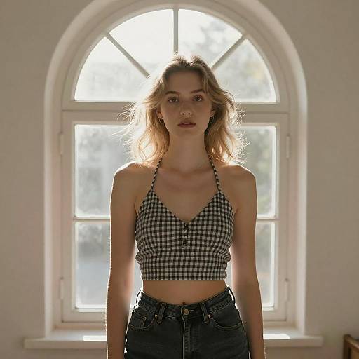 Sunlit Blonde Woman by Arched Window