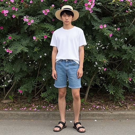 Photograph of an Asian man in a white t-shirt, blue shorts, black sandals, straw hat, standing in front of a blooming pink and