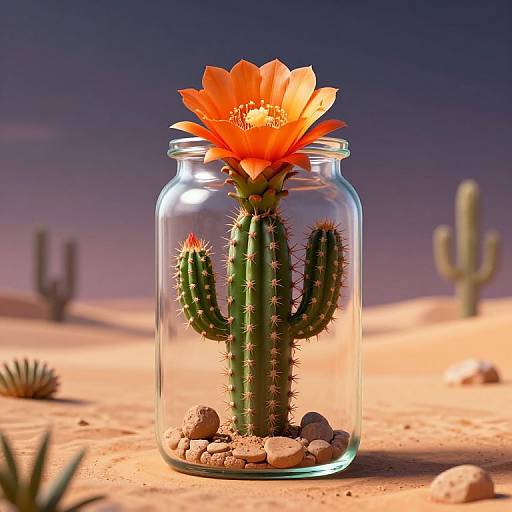 Photograph of a clear glass jar containing a vibrant orange desert flower blooming on a green, spiky cactus with smaller cactus buds, set