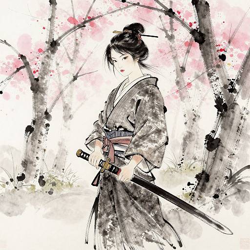 Digital illustration of a Japanese woman in a kimono, holding a katana, standing in a cherry blossom forest with splattered ink.