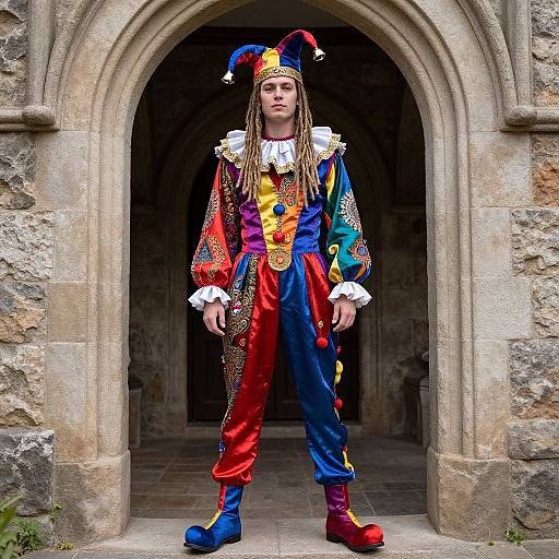 Photograph of a young woman with long dreadlocks, wearing a vibrant jester costume with colorful patches, standing in a stone archway.