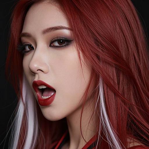 Photograph of a pale-skinned woman with vibrant red hair, dramatic black eye makeup, red lipstick, and white hoop earrings, mouth open in a