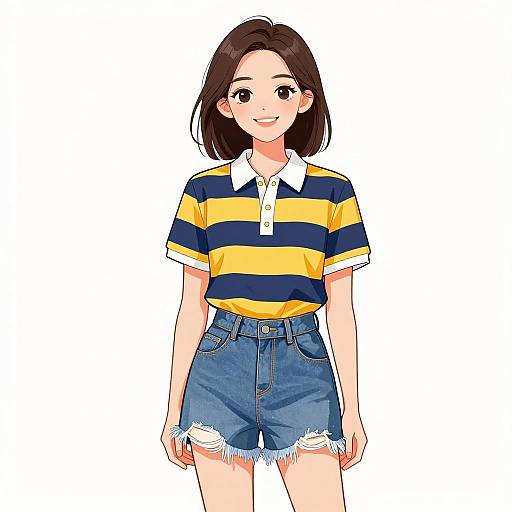 Smiling Woman in Striped Polo and Denim