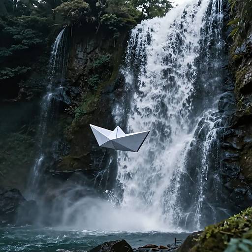 Photograph of a white paper boat floating in front of a powerful, cascading waterfall, surrounded by lush, dark green foliage.