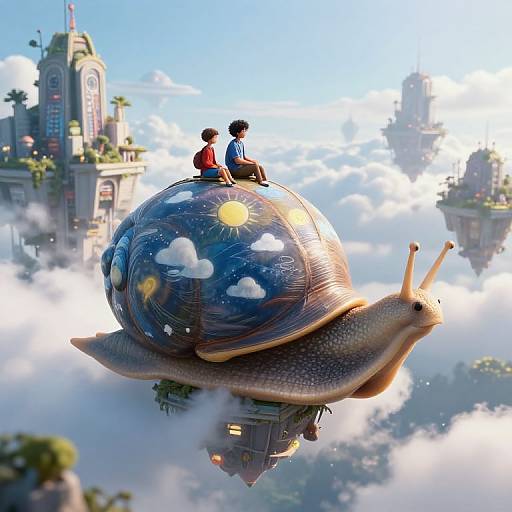 Whimsical CGI illustration of two children sitting on a giant, sun-patterned snail with a cityscape floating in the clouds.