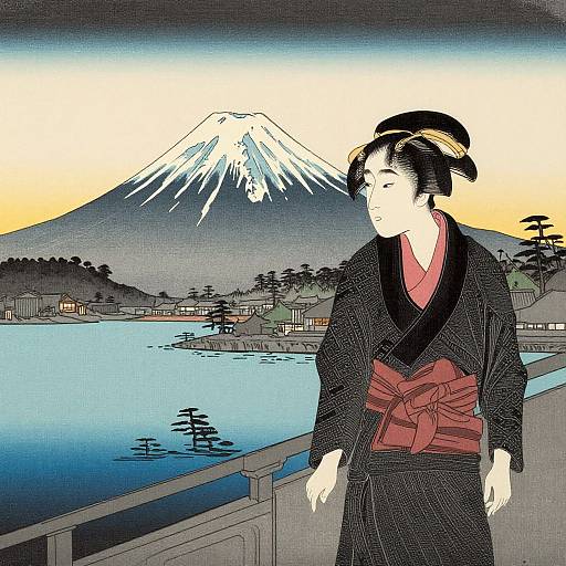Takeji Asano Woodblock: Woman & Mt. Fuji