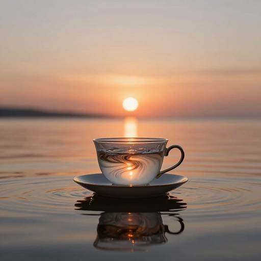 Photograph of a clear glass teacup with water, on a white saucer, floating on calm water at sunset, with the sun reflecting on