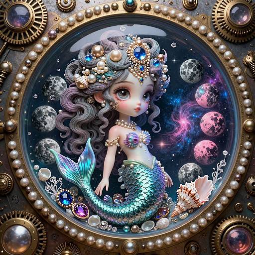 Digital artwork of a cute, blue-scaled mermaid with large eyes, curly gray hair, and gold jewelry, encased in a steampunk