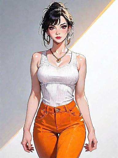 Stylish woman in white tank and orange trousers