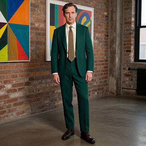 Man in Emerald Green Suit in Industrial Loft