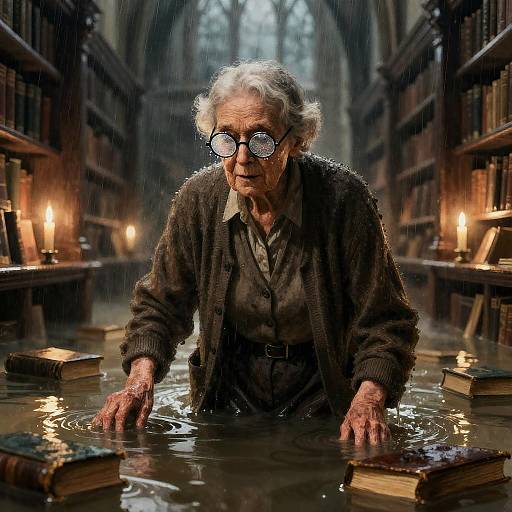 Waterlogged Librarian in Candlelit Cathedral