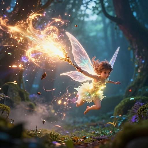 Digital fantasy artwork: A glowing fairy with translucent wings and a fiery wand leaps through a mystical, enchanted forest.