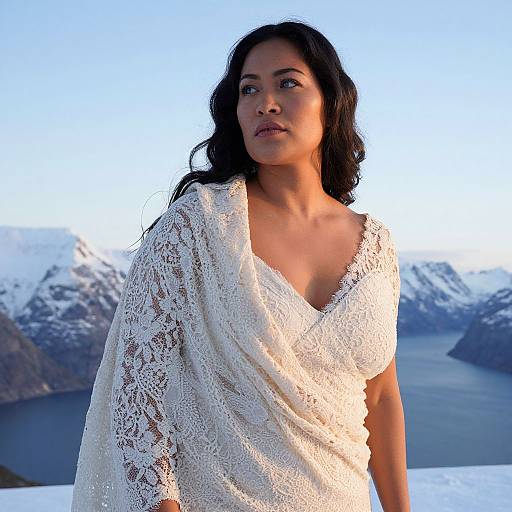 Photograph of an attractive South Asian woman with long black hair, wearing a white lace dress, standing against a snowy mountain backdrop.