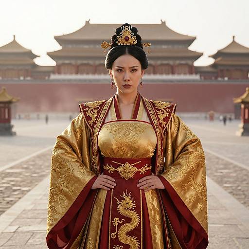 Photorealistic CGI of an Asian woman in gold and red traditional Chinese imperial dress, standing in front of a grand palace.
