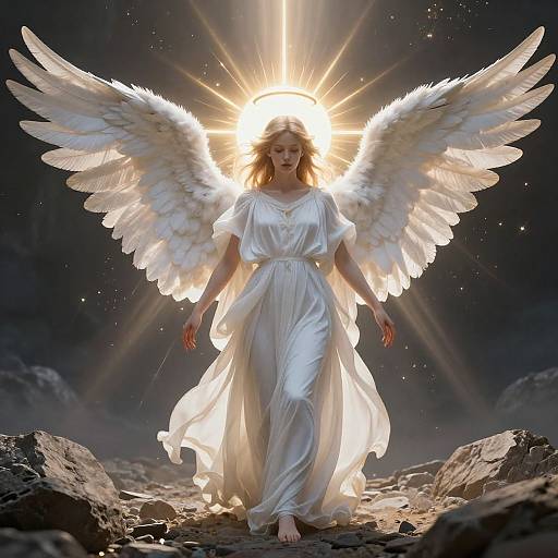 Photograph-like digital art of a radiant angelic woman with glowing white wings, wearing a flowing white robe, walking barefoot on rocky terrain, surrounded