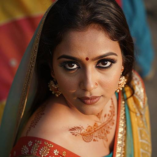 Photograph of an Indian woman with dark hair, brown skin, intense eyes, red bindi, gold earrings, red and gold saree, detailed