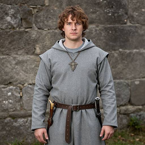 Photograph of a young man with curly brown hair, wearing a gray medieval tunic, brown belt, and pendant, standing in front of a stone