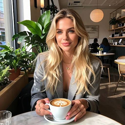Photograph of a blonde woman with wavy hair, wearing a gray blazer, holding a latte with heart foam, seated in a sunlit