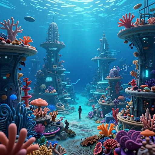 Digital artwork of a vibrant underwater city with colorful coral reefs, futuristic floating buildings, and a lone diver in the center.