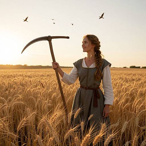 Photograph of a young woman with braided hair, wearing a gray dress and white shirt, holding a scythe in a golden wheat field at sunset