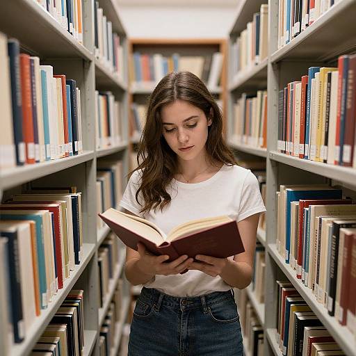 Photograph of a young woman with long brown hair, wearing a white t-shirt and blue jeans, reading a book in a library aisle with colorful book