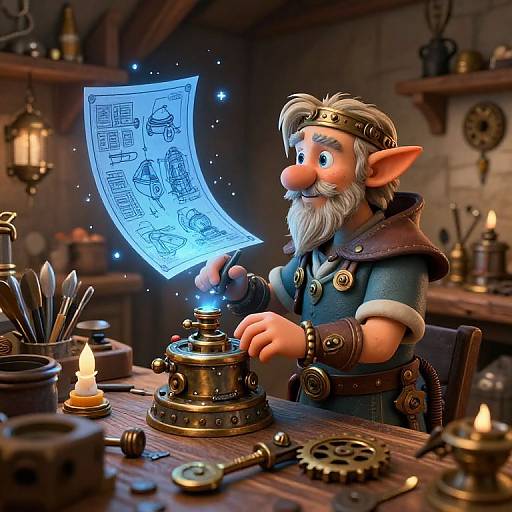 Digital art of a bearded, elven alchemist in medieval workshop, holding glowing blue blueprint, tending brass lantern, surrounded by candles and gears