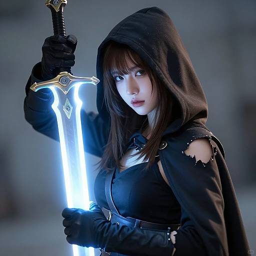 Photograph of a mysterious woman with dark brown hair, black hooded cloak, and black gloves, holding a glowing blue sword.
