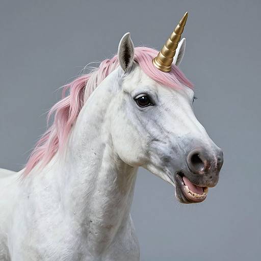 Photograph of a white unicorn with a pink mane and golden horn, facing right against a plain gray background, showing its open mouth and black eye.