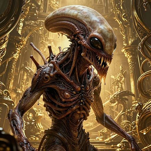 CGI digital art of a menacing, detailed Xenomorph-like creature with a shiny, elongated head, dark, twisted body, and sharp teeth