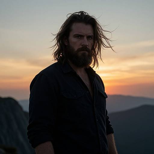 Photograph of a rugged, bearded man with long, wind-swept hair, wearing a dark shirt, standing against a colorful sunset sky with