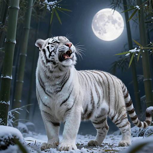 Photograph of a white tiger with black stripes standing in a snowy bamboo forest under a bright full moon. Tiger's mouth is open, revealing sharp teeth