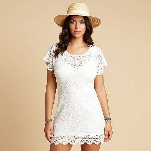Photograph of a young woman with medium brown skin, wearing a white lace dress, straw hat, and turquoise bracelets, against a beige background.