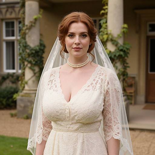 Photograph of a fair-skinned, red-haired bride with large breasts in a white lace wedding dress and veil, wearing a pearl necklace, standing in