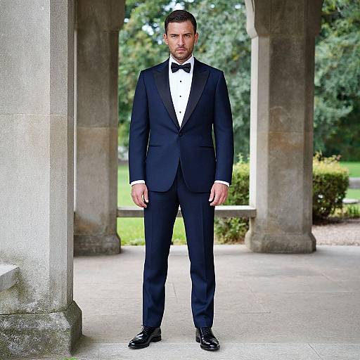 Photograph of a handsome man with short dark hair and beard, wearing a black tuxedo with bow tie, standing under a stone colonnade