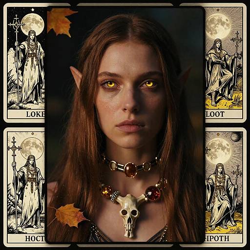 Digital artwork of a fierce, glowing-eyed, elven woman with long brown hair, wearing a skull necklace, surrounded by Tarot cards depicting 