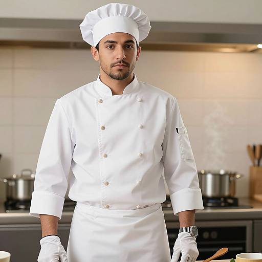 Photograph of a male Indian chef with light brown skin, short black hair, and beard, wearing a white chef's uniform, hat, and gloves